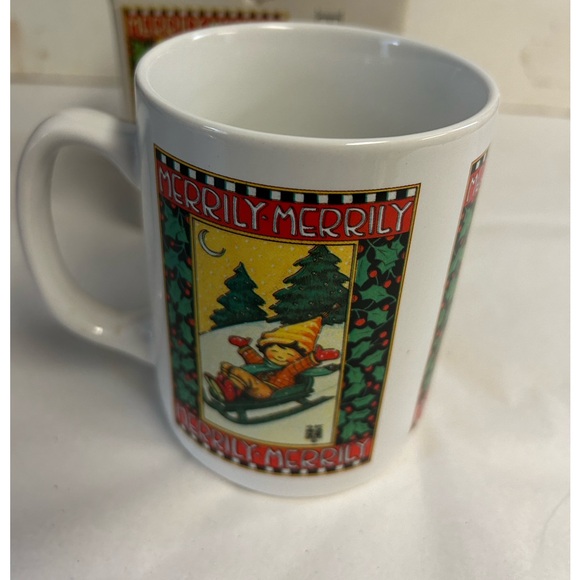 Vintage 1990's MARY ENGELBREIT unused Christmas mug in original box Merrily Sled - Picture 4 of 12